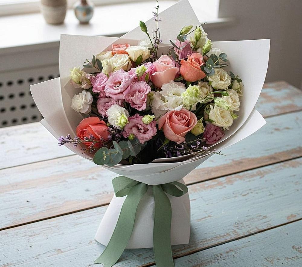 Букет цветов из: Розы, Лизиантусы и Гвоздики в Верещагино