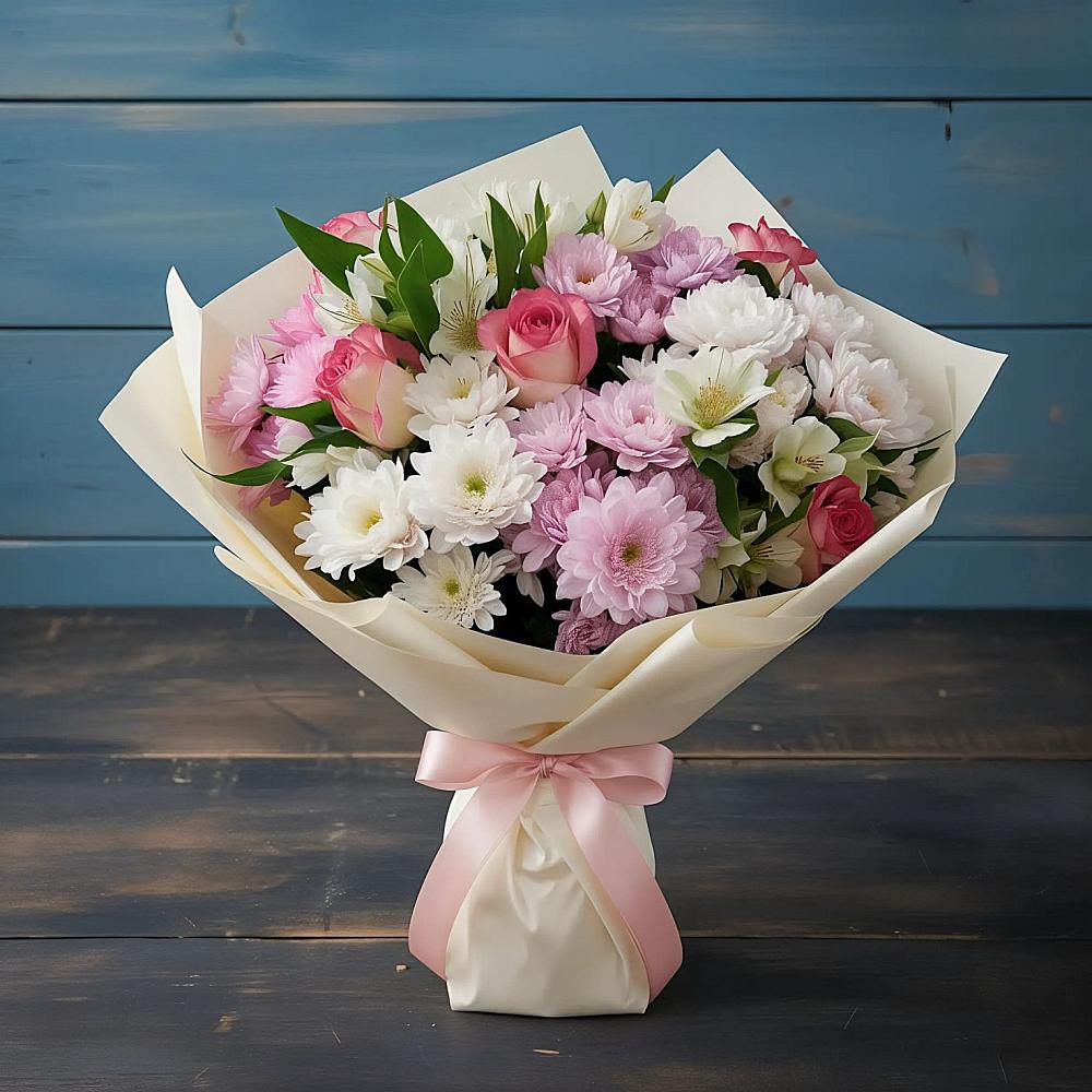 Букет цветов из: Хризантемы, Альстромерии и Розы в Верещагино